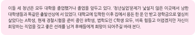 이들 세 청년은 모두 대학을 졸업했거나 졸업을 앞두고 있다. ‘청년실업’문제가 낯설지 않은 이곳에서 남한 대학생들과 똑같은 출발선상에 서 있었다. 대학교에 입학한 이후 집에서 용돈 한 푼 안 받고 장학금으로 열심히 살았다는 A학생, 현재 경찰시험을 준비 중인 B학생, 법학도인 C학생 모두, 비록 힘들고 어렵겠지만 자신이 희망하는 직업을 갖고 좋은 선례를 남겨 후배들에게 희망이 되어주길 바래 본다.