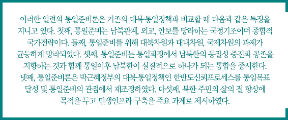 이러한 일련의 통일준비론은 기존의 대북·통일정책과 비교할 때 다음과 같은 특징을 지니고 있다. 첫째, 통일준비는 남북관계, 외교, 안보를 망라하는 국정기조이며 종합적 국가전략이다. 둘째, 통일준비를 위해 대북차원과 대내차원, 국제차원의 과제가 균등하게 망라되었다. 셋째, 통일준비는 통일과정에서 남북한의 동질성 증진과 공존을 지향하는 것과 함께 통일이후 남북한이 실질적으로 하나가 되는 통합을 중시한다. 넷째, 통일준비론은 박근혜정부의 대북·통일정책인 한반도신뢰프로세스를 통일목표 달성 및 통일준비의 관점에서 재조정하였다. 다섯째, 북한 주민의 삶의 질 향상에 목적을 두고 민생인프라 구축을 주요 과제로 제시하였다.