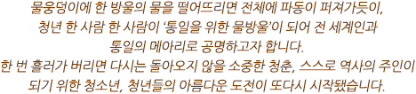 물웅덩이에 한 방울의 물을 떨어뜨리면 전체에 파동이 퍼져가듯이, 청년 한 사람 한 사람이 ‘통일을 위한 물방울’이 되어 전 세계인과 통일의 메아리로 공명하고자 합니다. 
한 번 흘러가 버리면 다시는 돌아오지 않을 소중한 청춘, 스스로 역사의 주인이 되기 위한 청소년, 청년들의 아름다운 도전이 또다시 시작됐습니다.