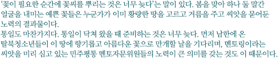 ‘꽃이 필요한 순간에 꽃씨를 뿌리는 것은 너무 늦다’는 말이 있다. 봄을 맞아 하나 둘 말간 얼굴을 내미는 예쁜 꽃들은 누군가가 이미 황량한 땅을 고르고 거름을 주고 씨앗을 묻어둔 노력의 결과물이다. 
통일도 마찬가지다. 통일이 닥쳐 왔을 때 준비하는 것은 너무 늦다. 먼저 남한에 온 탈북청소년들이 이 땅에 향기롭고 아름다운 꽃으로 만개할 날을 기다리며, 멘토링이라는 씨앗을 미리 심고 있는 민주평통 멘토자문위원들의 노력이 큰 의미를 갖는 것도 이 때문이다.