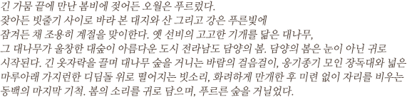 긴 가뭄 끝에 만난 봄비에 젖어든 오월은 푸르렀다. 
잦아든 빗줄기 사이로 바라 본 대지와 산 그리고 강은 푸른빛에 잠겨든 채 조용히 계절을 맞이한다. 옛 선비의 고고한 기개를 닮은 대나무, 그 대나무가 울창한 대숲이 아름다운 도시 전라남도 담양의 봄. 담양의 봄은 눈이 아닌 귀로 시작된다. 긴 옷자락을 끌며 대나무 숲을 거니는 바람의 걸음걸이, 옹기종기 모인 장독대와 넓은 마루아래 가지런한 디딤돌 위로 떨어지는 빗소리, 화려하게 만개한 후 미련 없이 자리를 비우는 동백의 마지막 기척. 봄의 소리를 귀로 담으며, 푸르른 숲을 거닐었다.