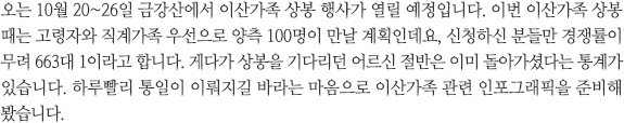 오는 10월 20~26일 금강산에서 이산가족 상봉이 열릴 예정입니다. 이번 이산가족 상봉 때는 고령자와 직계가족 우선으로 양측 100명이 만날 예정인데, 신청하신 분들만 경쟁률이 무려 663대 1이라고 합니다. 게다가 상봉을 기다리던 어르신 절반은 이미 돌아가셨다는 통계가 있습니다. 하루빨리 통일이 이뤄지길 바라는 마음으로 이산가족 관련 인포그래픽을 준비해 봤습니다.