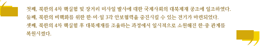 첫째, 북한의 4차 핵실험 및 장거리 미사일 발사에 대한 국제사회의 대북 제재 공조에 일조하였다.
둘째, 북한의 비핵화를 위한 한·미·일 3각 안보협력을 증진시킬 수 있는 전기가 마련되었다. 
셋째, 북한의 4차 핵실험 후 대북 제재를 조율하는 과정에서 일시적으로 소원해진 한·중 관계를 복원시켰다.