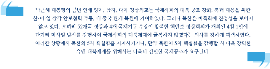 박근혜 대통령의 금번 연쇄 양자, 삼자, 다자 정상외교는 국제사회의 대북 공조 강화, 북핵 대응을 위한 
한·미·일 삼각 안보협력 추동, 대 중국 관계 복원에 기여하였다. 그러나 북한은 비핵화에 진정성을 보이지 않고 있다. 오히려 52개국 정상과 4개 국제기구 수장이 참석한 핵안보 정상회의가 개최된 4월 1일에  
단거리 미사일 발사를 강행하여 국제사회의 대북제재에 굴복하지 않겠다는 의사를 강하게 피력하였다. 
이러한 상황에서 북한의 5차 핵실험을 저지시키거나, 만약 북한이 5차 핵실험을 감행할 시 더욱 강력한 
유엔 대북제재를 위해서는 더욱 더 긴밀한 국제공조가 요구된다.