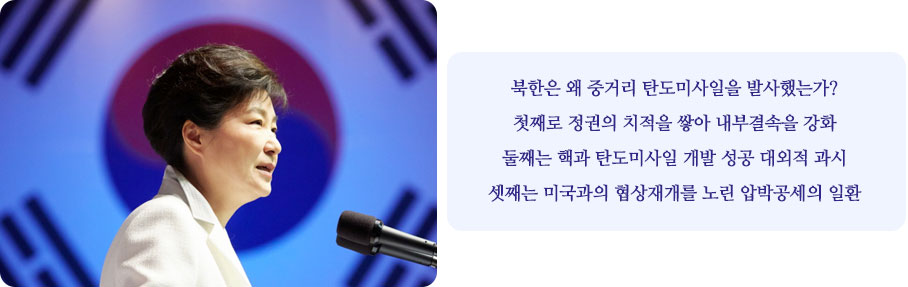 북한은 왜 중거리 탄도미사일을 발사했는가? 
첫째로 정권의 치적을 쌓아 내부결속을 강화 
둘째는 핵과 탄도미사일 개발 성공 대외적 과시 
셋째는 미국과의 협상재개를 노린 압박공세의 일환