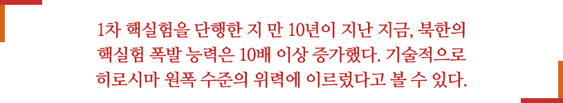 1차 핵실험을 단행한 지 만 10년이 지난 지금, 북한의 핵실험 폭발능력은 10배 이상 증가했다. 기술적으로 히로시마 원폭 수준의 위력에 이르렀다고 볼 수 있다. 