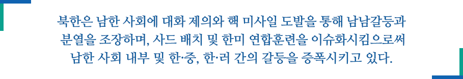 북한은 핵미사일 고도화의 당위성을 통해 북한 주민들에게 대남, 대미 적개심을 고취시키고, 남한 사회에는 대화제의와 도발을 통해 남남갈등과 분열을 조장하며, 사드배치 및 한미연합훈련을 이슈화시킴으로써 남한사회 내부 및 한중, 한·러 간의 갈등을 증폭시키고 있다. 