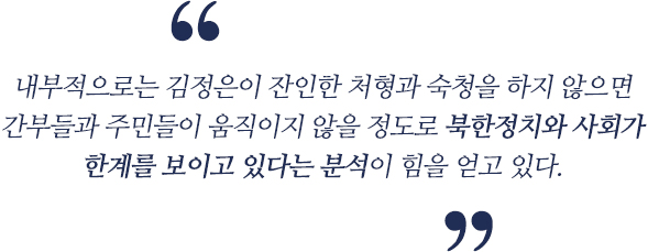 내부적으로는 김정은이 잔인한 처형과 숙청을 하지 않으면 간부들과 주민들이 움직이지 않을 정도로 북한정치와 사회가 한계를 보이고 있다는 분석이 힘을 얻고 있다. 