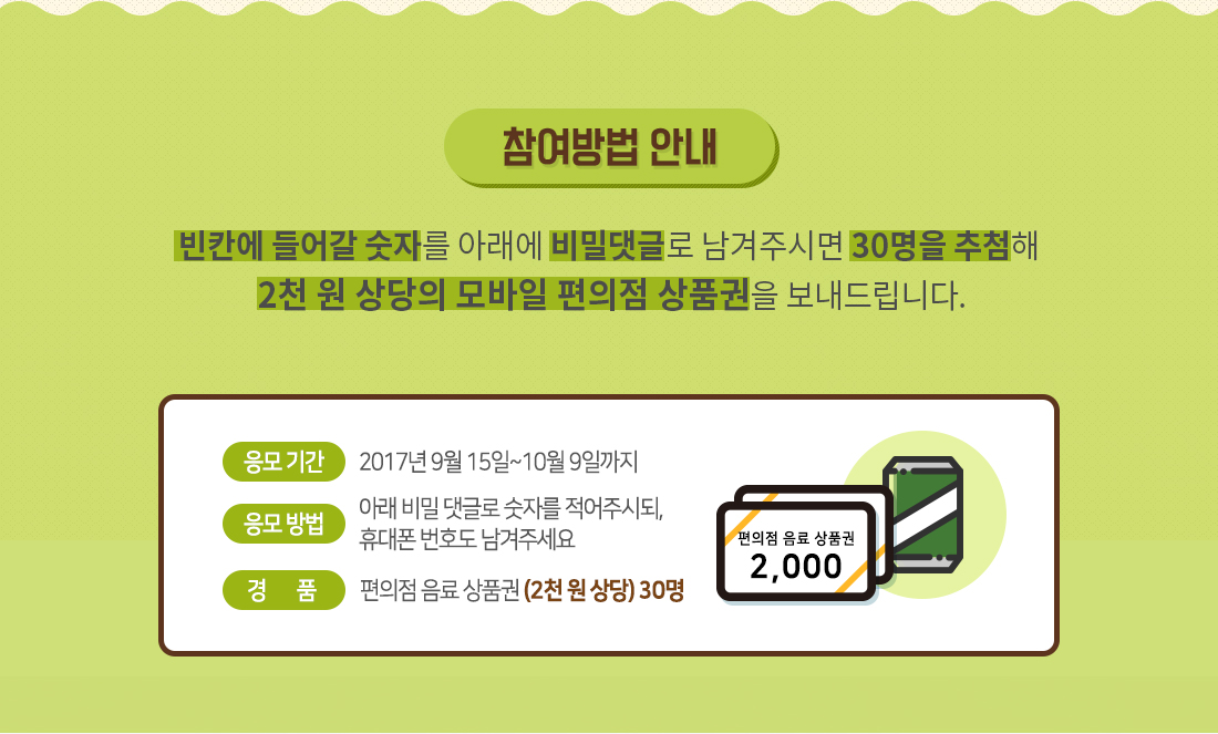 참여방법 안내 / 빈칸에 들어갈 숫자를 아래에 비밀댓글로 남겨주시면 30명을 추첨해 2천 원 상당의 모바일 편의점 상품권을 보내드립니다. / 응모 기간: 2017년 9월 15일~10월 9일까지, 응모 방법: 아래 비밀 댓글로 숫자를 적어주시되, 휴대폰 번호도 남겨주세요, 경품: 편의점 음료 상품권 (2천 원 상당) 30명